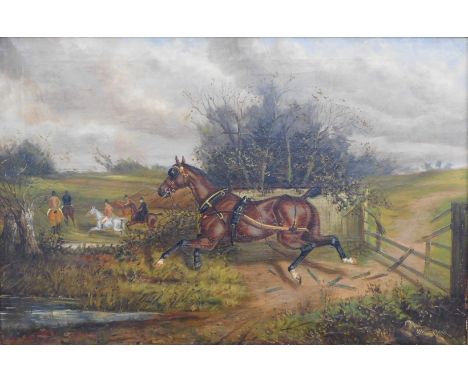 Albert Clark (1843-1928). Harnessed horse breaking gate, with hunting party in the distance, oil on canvas, signed, 51cm x 83