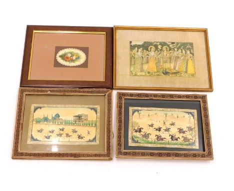 20thC Indian School. Figures of ladies, print, possibly on material, 12cm x 18cm, various other prints, material print, etc. 