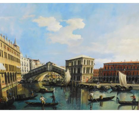 Manner of Canaletto. Venetian scene, oil and print on canvas, unsigned, 91cm x 124cm.  