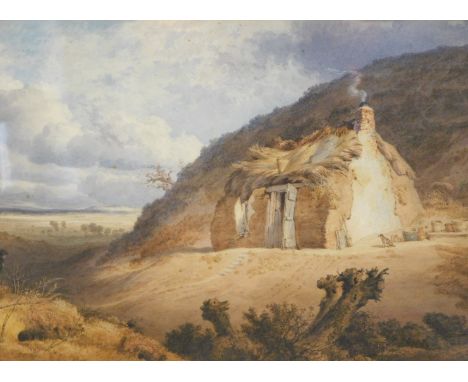 R. F. (19thC English School). Thatched cottage in the foreground with figures and dog and lowland landscape in the distance, 