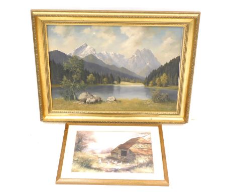 Mayer Henchen (20thC). Alpine scene, oil on canvas, signed, 52cm x 63cm, and a print. (2) 