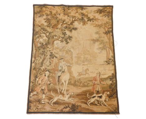 A late 19thC French machine woven tapestry panel, depicting huntsman on horseback, dogs, etc., within a wooded landscape, 172
