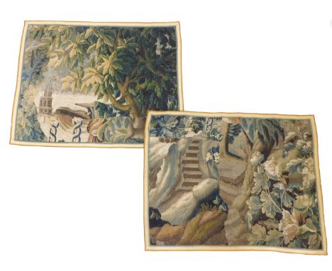 Two similar late 17thC French tapestry fragments, one depicting a garden with steps, the other a church spire, tree, etc., 10