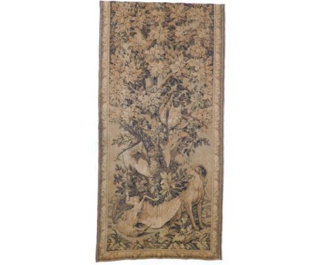 A late 19thC French machine woven tapestry, depicting a dog with dead game, tree, etc., incomplete, 245cm x 118cm.