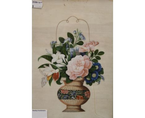 An early 19th century Chinese painting of a vase of flowers on rice paper and a 19th century Chinese silk painting of figures