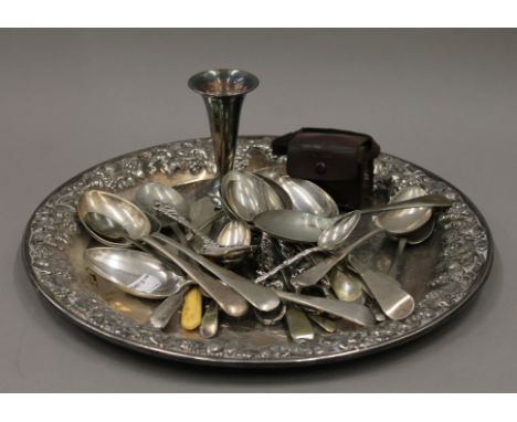 A small quantity of silver plate, an 830 silver spoon and a miniature camera.
