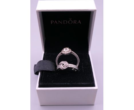 Two silver Pandora rings in a Pandora ring box. Ring size N and J/K. 