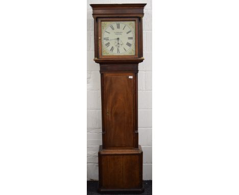 A 19th century oak and mahogany longcase clock, with replaced door. 208 cm high.