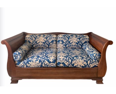 A So To Bed solid walnut sleigh form sofa bed. Approximately 184 cm long.