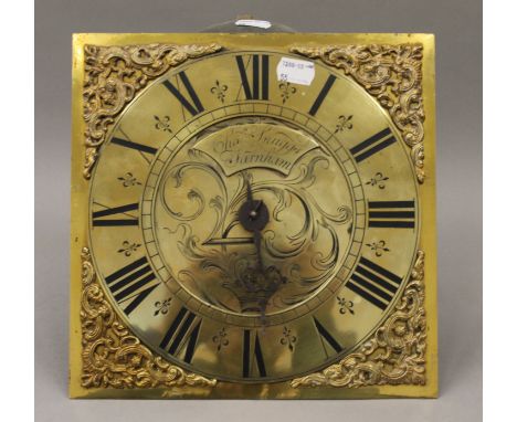 An antique longcase clock movement, the brass dial inscribed Cha Snuggs Farnham. 25 cm square.