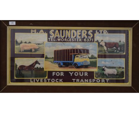 A Saunders Live Stock Transport advertising print, framed and glazed. 89.5 x 48.5 cm overall.