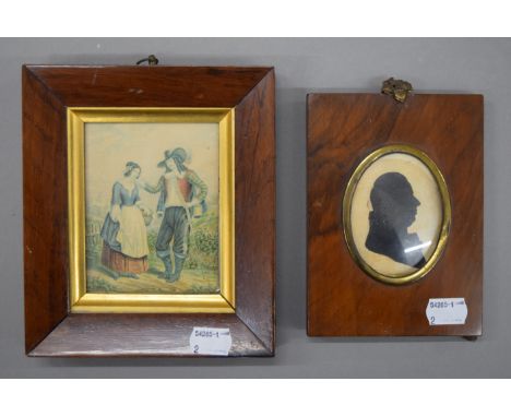 A 19th century walnut framed silhouette portrait and a rosewood framed print. The former 11 x 15 cm.