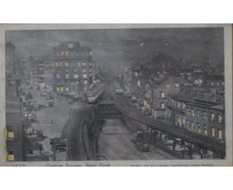 Two early 1900 New York postcards, Light can be seen through the windows, each framed and glazed. 26.5 x 22 cm overall.