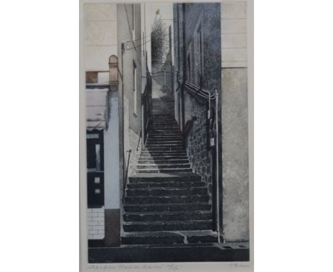 PAUL BISSON, Steps From Place Du Marche, limited edition print, numbered 149/150, signed in pencil to margin, framed and glaz