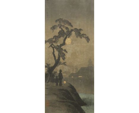 A stamped Japanese print, framed and glazed. 21.5 x 43.5 cm overall.