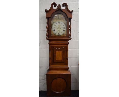 A 19th century mahogany longcase clock with Adam and Eve painted dial.