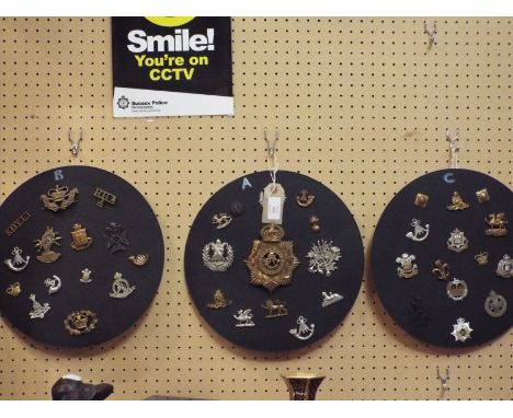 A good collection of military cap badges to include Oxfordshire Regiment helmet badge, India Army Ordnance, The Yorkshire Reg