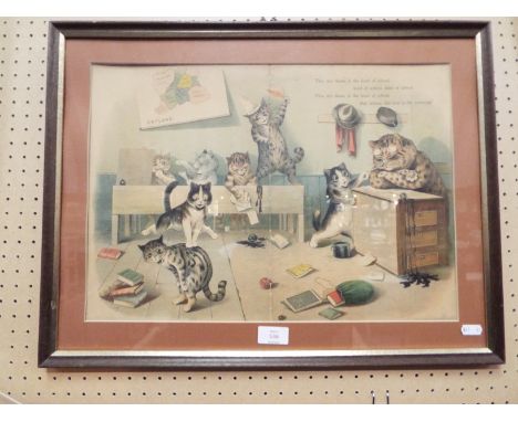 An early 20thC LOUIS WAIN framed bookplate depicting naughty kittens in a classroom