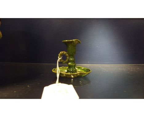 A circa 1920's/30's Rye Pottery green glazed chamber stick having rope twist handle and fluted base 2 3/4" high, incised mark