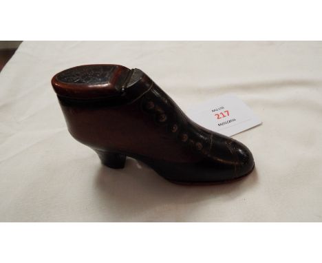 A Victorian snuff box in the form of a ladies shoe having hinged lid and sole with poker-work decoration and inscription  