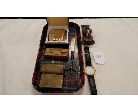 A boxed Ronson lighter, brass door knocker, miniature clay pipe and Matches tobacco box and Matchbox cover, muffin fork and a