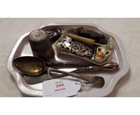 A mixed selection to include propelling pencil, bracelet, door knocker, RAF badge, miniature penknife, silver tea-spoon, shoe