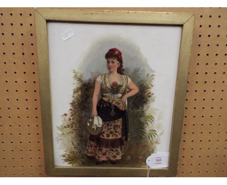 An early 20thC hand painted over photographic transfer on porcelain tile of Adelina Patti in costume, signed in the plate and