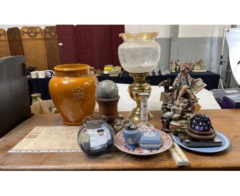 An Edwardian Gaiety Theatre programme; a large Victorian brown glazed storage jar; oil lamp; glass paperweight and other deco