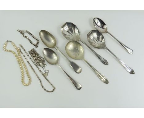 A silver gate bracelet, a gents bracelet, a necklace marked '925', a string of simulated pearls and various silver plated spo