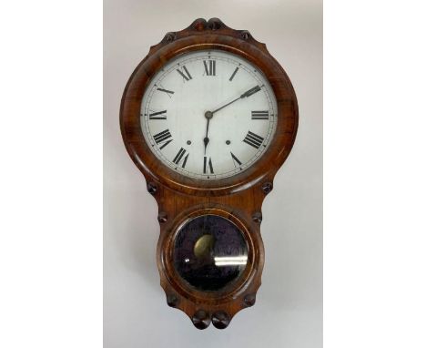 A 19th century drop dial wall clock with white enamel dial, two train movement and in rosewood veneer case, 64cm high