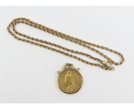 A Queen Victoria 1893 full sovereign, in a 9ct gold mount; on an unmarked rope chain, tests as 9ct gold, 44cm long, 18.24g gr