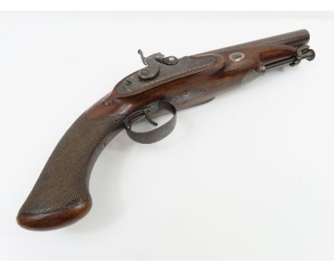 A 19th century double barrel percussion pistol by Jas Wilkinson &amp; Son London, damascus barrels with makers name and addre