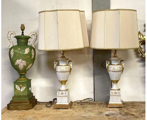 A pair of Italian white porcelain and gilt painted urn shaped table lamps with original shades, max height including shade 75