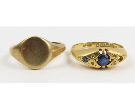 A 9ct gold signet ring, finger size J 1/2, 2.85g gross; and a Victorian 18ct gold sapphire ring, M 1/2, 2.55g gross 