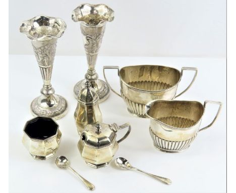 A Mappin &amp; Webb salt, pepper and lidded mustard set; a silver salt, a silver two handled sucrier, and two silver spoons, 