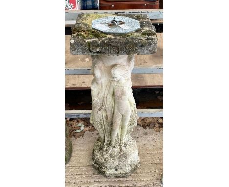 A brass sundial set into square stone top and on later cast pedestal figural support, 72cm high