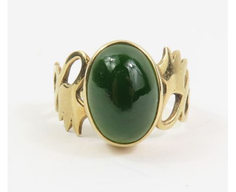 A 9ct gold dark green hardstone dress ring, the shoulders with floral motifs, finger size S, 5.58g gross