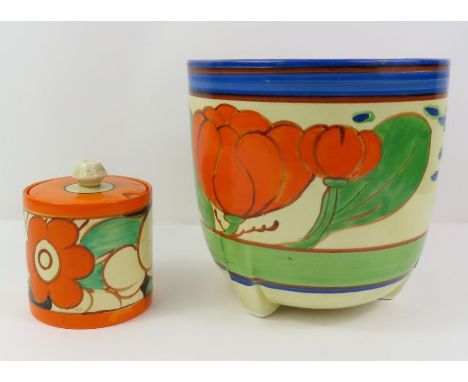 Clarice Cliff Bizarre preserve pot and cover with bold floral decoration, 7.5cm high together with Clarice Cliff Fantasque ja