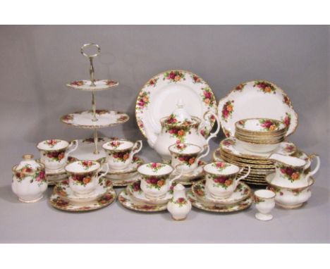 A collection of Royal Albert Old Country Roses pattern wares comprising three tier cake stand, cake plate, teapot, milk jug a