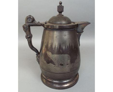 A good quality 19th century pewter pitcher/ale jug of baluster form, engraved with a polar bear in an icy landscape, the hand