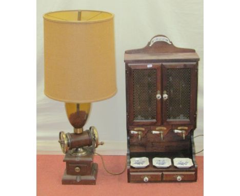 A table lamp in the form of a coffee grinding machine with mahogany base, together with an Italian mahogany bar for three bot