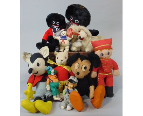 Vintage trunk containing a collection of character soft toys including a 1970's Mickey Mouse, further handmade Mickey Mouse, 