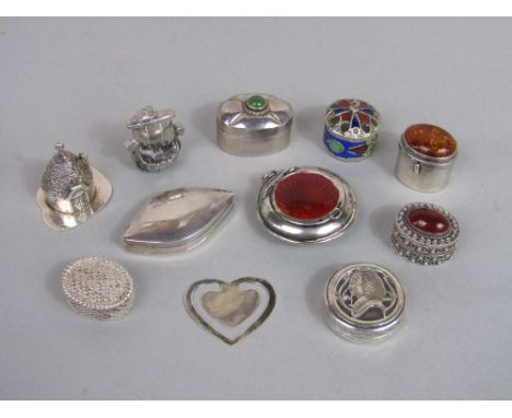 A collection of silver and white metal souvenir / trinket boxes, many decorated with enamel or hardstone cabochons (11)