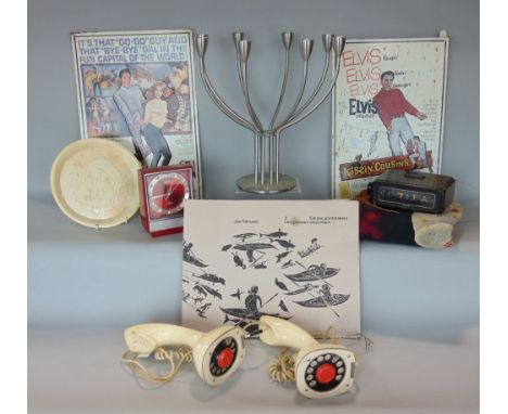 A box of mainly retro items to include Scandinavian eight branch candelabra designed by K Hogberg &amp; M Hogberg, Sankyo ala