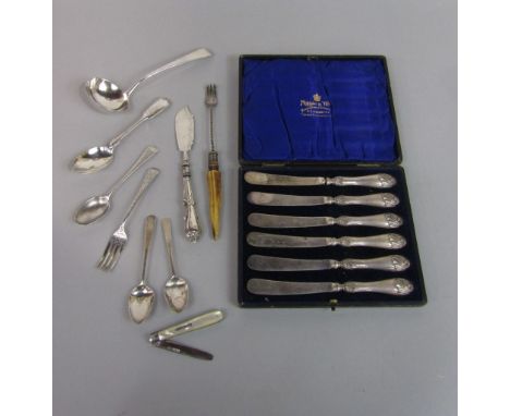 A collection of silver flatware to include a Georgian silver Old English sauce ladle, 4.5oz approx, together with cased set o