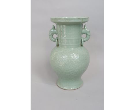 Chinese celadon glazed vase with baluster body and drawn neck, ring handles, imperial mark to base, 32cm