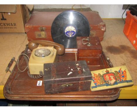 A vintage brown fibre and timber lathe bound cabin trunk, vintage Bakelite telephone, an oval two handled silver plated galle