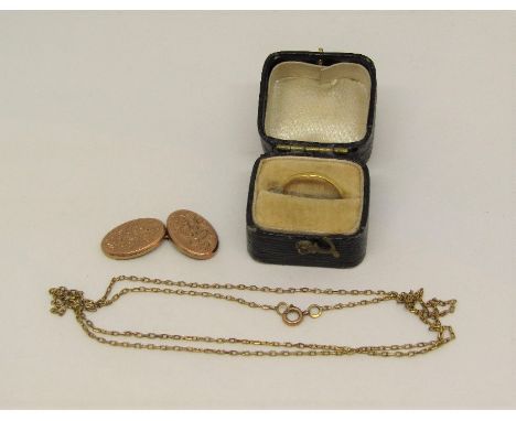 Mixed group of gold jewellery comprising a 19th century 22ct wedding ring (misshapen), a fine link necklace and a single cuff