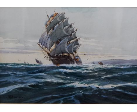 A D Bell, (20th century British), a pair of studies of ships on the high seas - Cutty Sark, Evening Light, gouache on paper, 