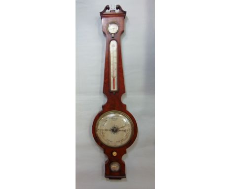A Guanella of Bristol flame mahogany barometer thermometer with silvered dials, 97 cm high 